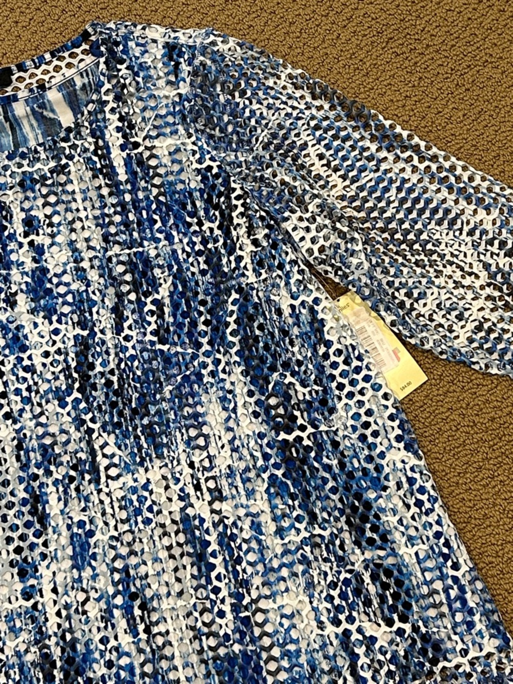 Ali Miles Blue White Abstract Mesh Overlay Tunic Top 1X Lagenlook Art to Wear - Picture 5 of 17
